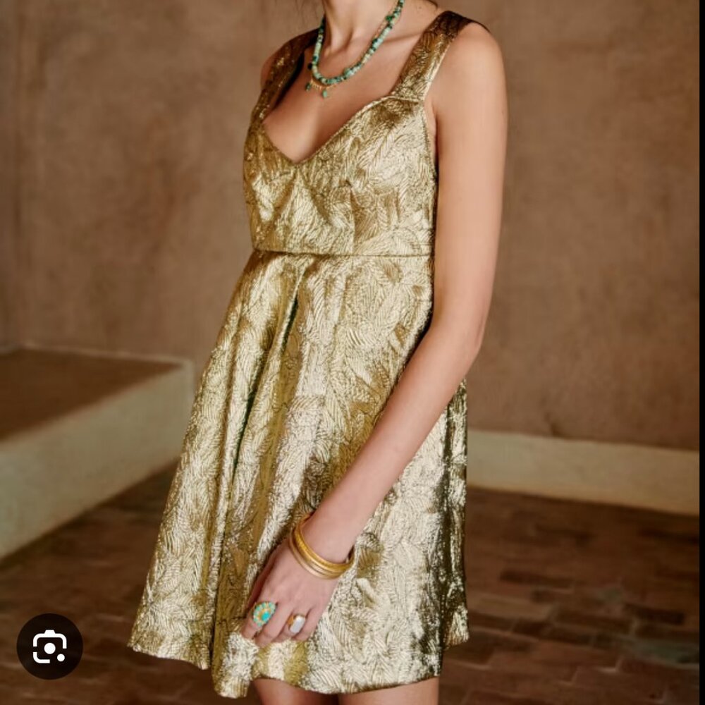 NWOT Sezane Eliza Gold Brocade Sleeveless Fit & Flare Babydoll Mini Dress Sz 6